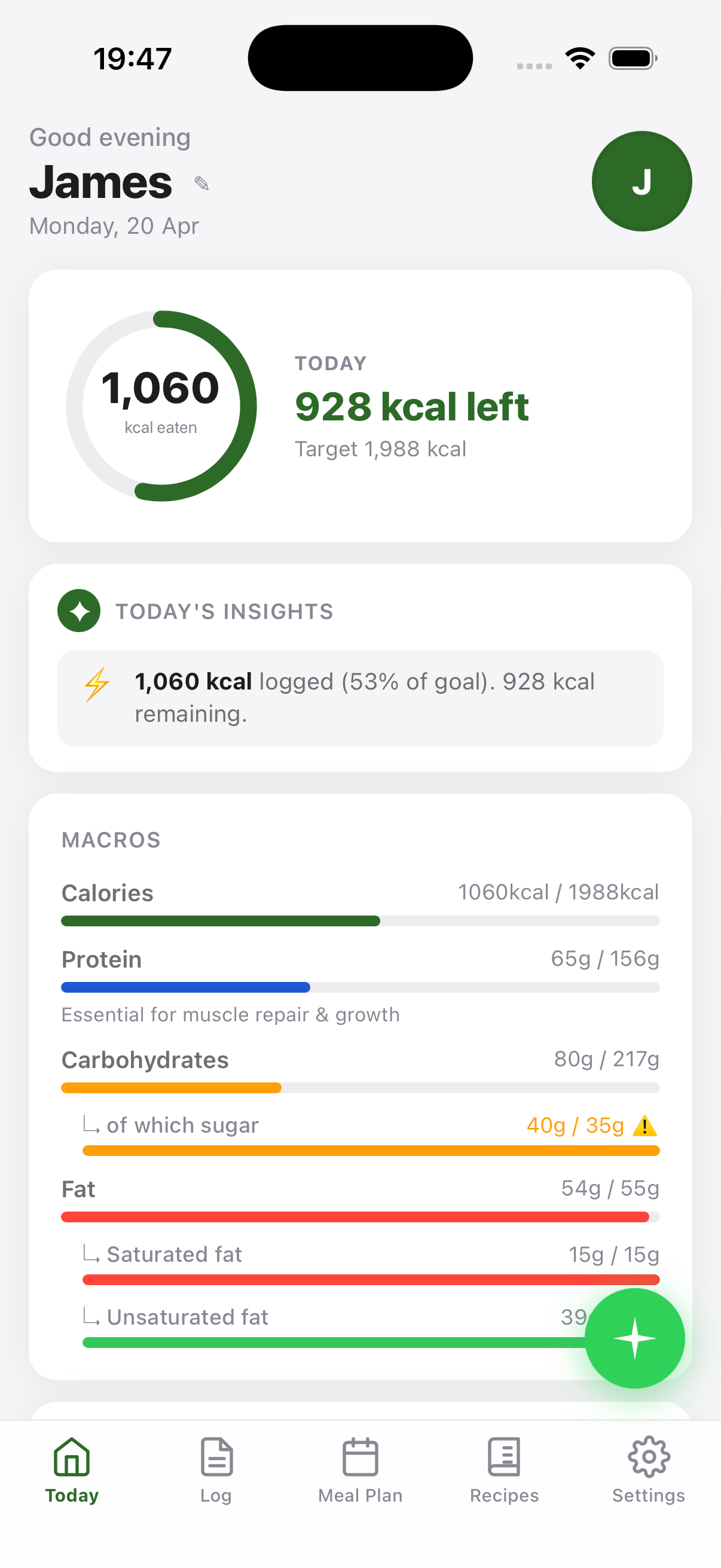 Plan Track Eat — today dashboard